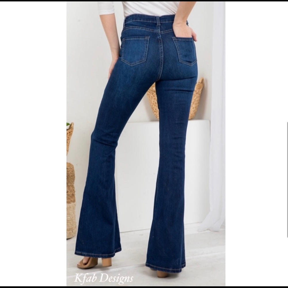 New! Clearance 🍇 Boho Gypsy High Waist Dark Denim Distressed Flare Jeans - Picture 6 of 7